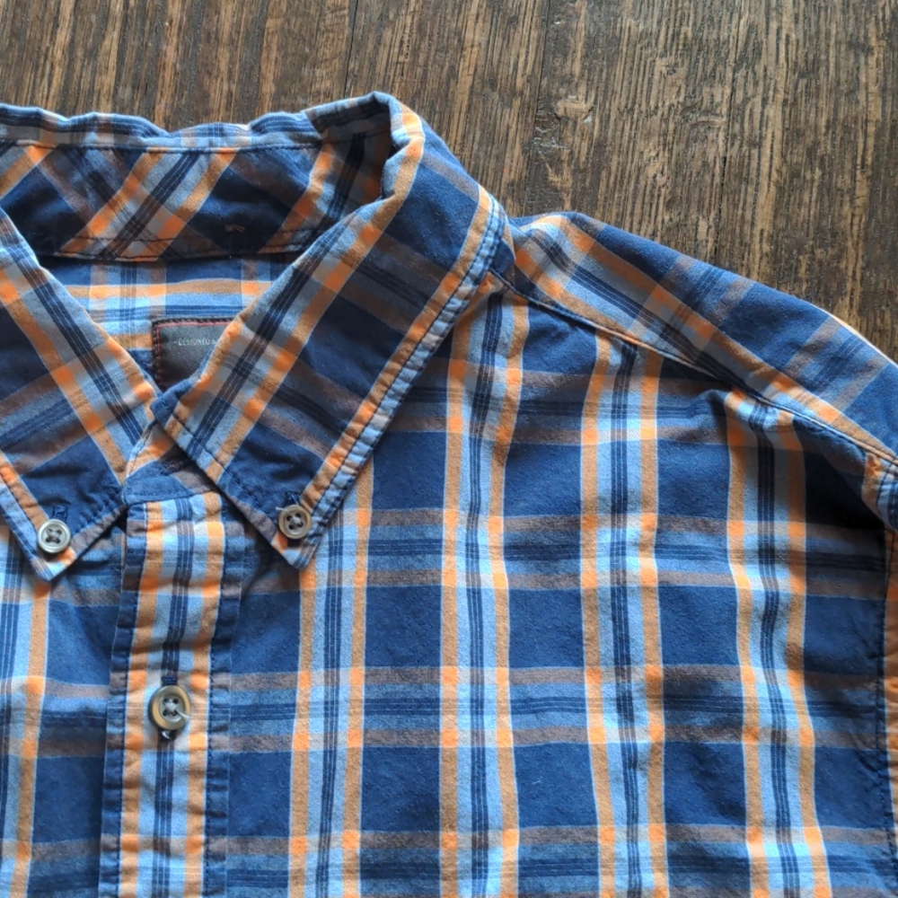 Gap Men's Blue and Orange Plaid button up